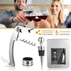 3Pcs Corkscrew Bottle Opener Set Tool Foil Cutter Drip Collar Protector Cork Stopper Wine Bottle Cap Opener (Option: silver)